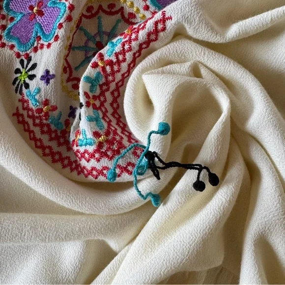 Boho Embroidered Peasant Dress Cream Fringe Festival Tunic Midi S - Picture 14 of 14